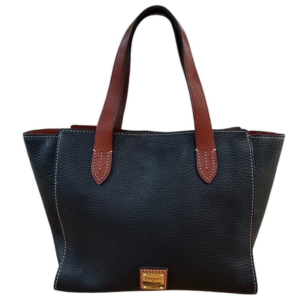 Dooney & Bourke Black Pebble Leather Tote Bag Brown Trim Red Interior